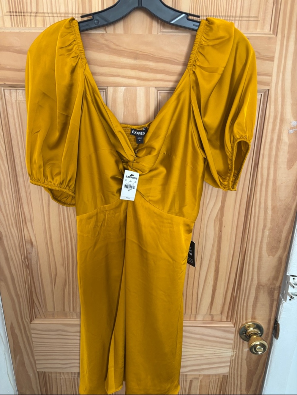 Express Golden Mustard Midi Dress with Puff Sleeves